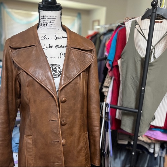 Vintage Leather Coat, Tan Mid Length Button Front, Womens Sz M - Picture 11 of 12